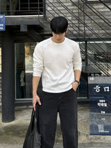 Waffle diagonal button crop long-sleeve t-shirt