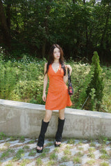 orange deep V-neck halter neck mini dress