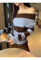 wool mohair stripe off-shoulder long-sleeved knitwear