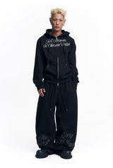 Lettering Embroidered Hoodie Zip-Up - Black