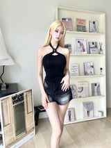 1498. 스톤 리벳 포인트 워싱 데님 쇼츠