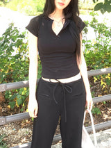 [🖤MD PICK]メロウボタンラインベーシックシャーリングスリムフィットショートスリーブTシャツ(3 colors)