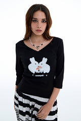 Rabbit Lace V-Neck Tee [Black]