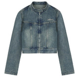 Sand Washing Crop Biker Denim Jacket