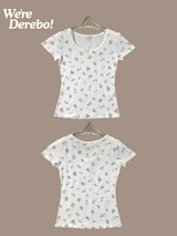 Print Cotton Bow Round Long Sleeve Tee