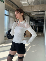 Collar See-Through Stripe Long Sleeve T-Shirt