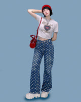 heart pattern denim pants
