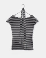 スリムフィットストライプキャップスリーブオフショルダーTシャツ