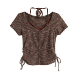 String wrap button short sleeve cardigan top 231216035