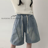 OT banding stitch washed denim wide jean shorts pants