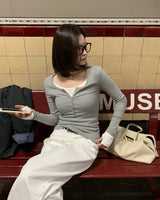 [ORIGINAL] Clock Ribbed Henley Neck Long-Sleeve T-Shirt