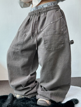 HIGH QUALITY🌌DOWN SNAP HIP PATCH RIVET PIGMENT BALLOON LONG PANTS 🤎3COLOR