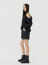One-shoulder Blanc Ribbon Shirring Detail Top, Black