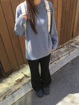ビーダイアゴナルヘンリーネックボーダー長袖Tシャツ