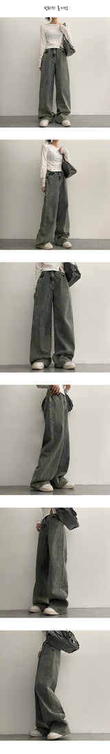 【ベーシック・ロング/S-3XL】バヌヌ バックバンディングヴィンテージデニムワイドパンツ