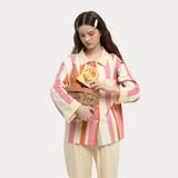 バイブラント オレンジ コントラスト ストライプ ロング スリーブ パジャマ セット - 95% Cotton Cozy Sleepwear