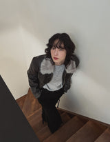 [premium] Frame Raccoon Collar Leather Jacket
