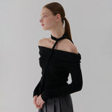 ネックリボンシャーリングオフショルダーTシャツ BLACK