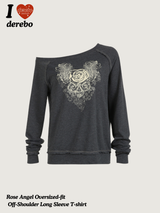 ローズエンジェルオーバーサイズフィットオフショルダーロングスリーブTシャツ