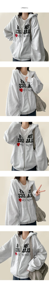 Hearts Heart Reverse Lettering Overfit Hooded Zip-Up