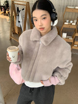 Mink collar short zip-up fur jumper jacket