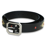 crystal stud & wax thread leather belt black