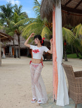 Flower-printed cropped short-sleeved T-shirt
