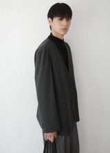 pinstripe collarless blazer