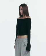 GRAPHIC OFF SHOULDER KNIT HOODED_BLACK