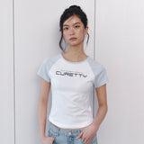 CコントラストラグランスリムTシャツ - ライトブルー