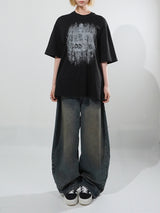 (UNISEX) バックレザーワイドデニムパンツ