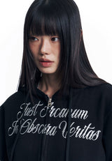 Lettering Embroidered Hoodie Zip-Up - Black