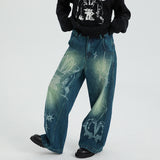 Cotton fountain pattern burnout contrast color washed straight jeans trousers
