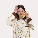 オータム ブラウン リーフアンドフローラル プリント パジャマセット - 100% Brushed Cotton Plush Sleepwear