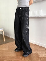 スコールツーウェイピンタックペイズリーキュービックステッチノンフェイドデニムロングワイドパンツ