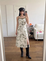OLIVE PETAL TIE HALTER SLIT DRESS