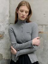 HIGH NECK FRILL KNIT CARDIGAN GRAY