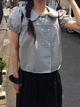 Odile Double Button Puff Check Collar Shirt Blouse