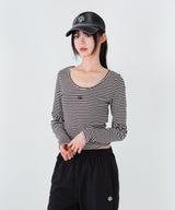 STRIPE U NECK LONG SLEEVE T-SHIRT [3color]