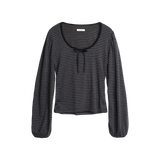 STRIPE RIBBON SHIRRING T-SHIRT
