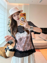 レースフリップレイヤードフェイクツーピースTシャツ