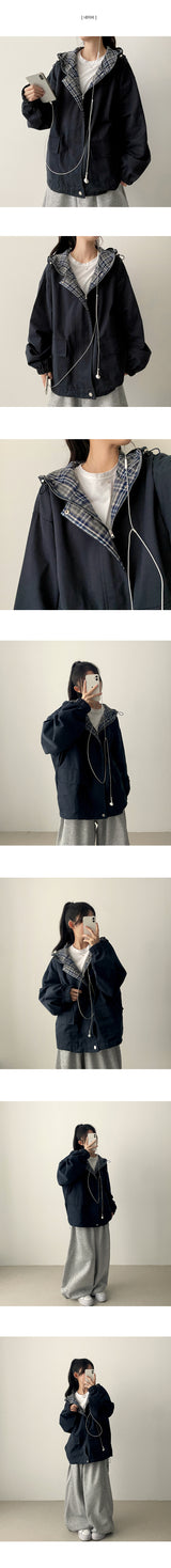 Cumin check color lining cotton boxy hoodie jumper