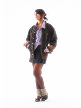 COATED WASHED PEARL SAILING LEOPARD PRINT FLEECE-LINED MICHIGAN JACKET.