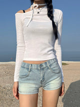 Unbuttoned off-shoulder halter strap long sleeve T-shirt (3 colors)