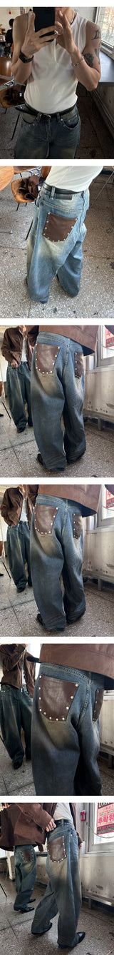 [Unisex] Back leather pocket wide pants