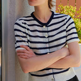 SUMMER LINEN STRIPE CARDIGAN NAVY