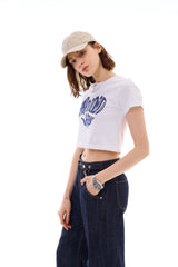 HEART SLOGAN CROP T-SHIRT / BLUE