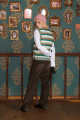 STRIPE CROCHET KNIT VEST / GREEN