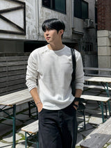 Waffle diagonal button crop long-sleeve t-shirt