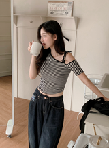 Border Ribbon Off Shoulder Short Sleeve T-Shirt (2color)